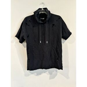 PacSun Black Distressed Short-Sleeve Hoodie with Drawstring